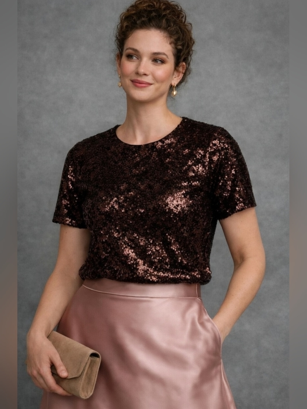 BNWT Ultra Pink Sequin Top S Brown Sparkle Glam Party Holiday Disco Earth Y2K